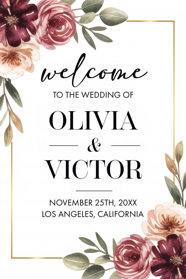 Burgundy Floral Wedding Welcome Sign